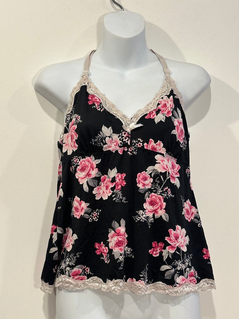 Laura Ashley Black Pink Rose Floral Lace Trim Racerback Cami Tank Top Medium